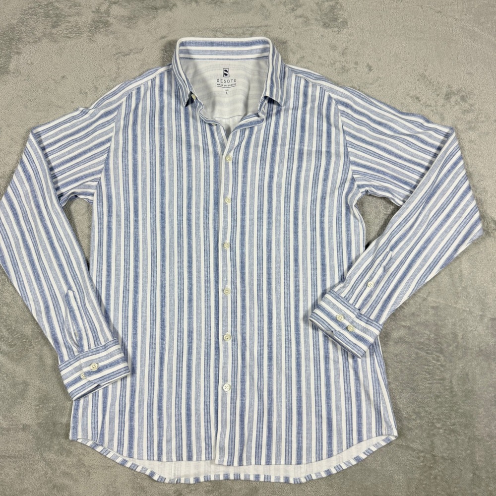 Desoto Mens Large Button Up Shirt Blue White Striped Long Sleeve Cotton